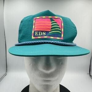 Vintage EDS 80s 90s Sailing Yacht Hat Teal Nylon Snapback Rope Cap Sailboat Sun